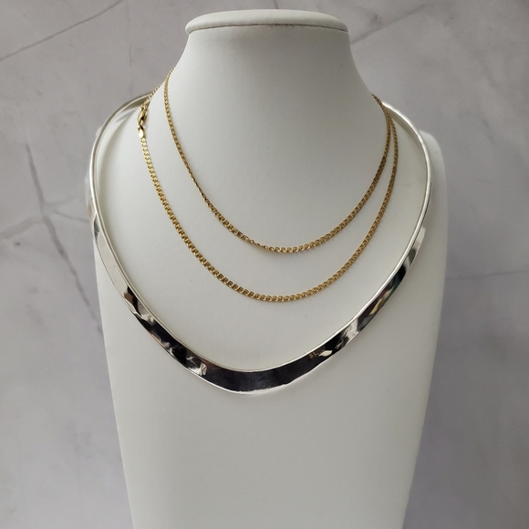 Sterling Silver 925 Solid Sterling Heavy V Neck Cuff Necklace - Picture 4 of 11